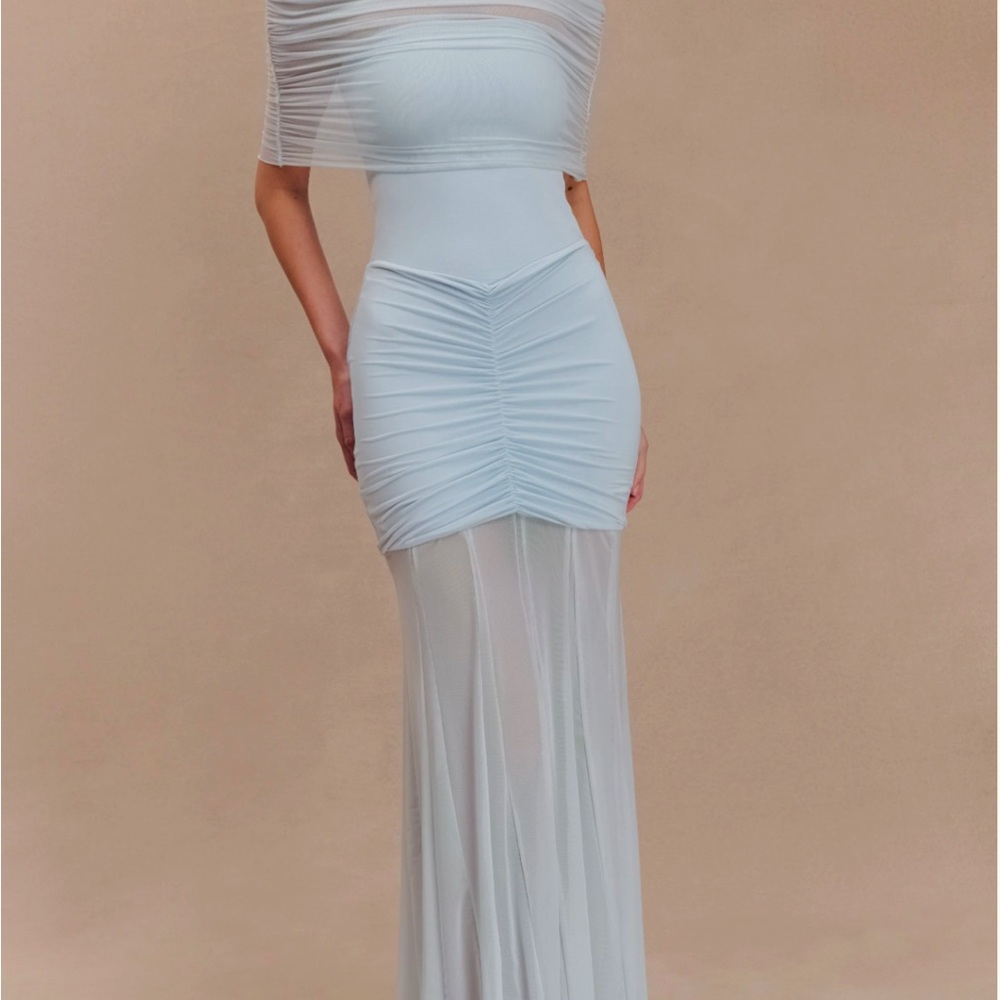 Meshki Blue Off-Shoulder Bodycon Maxi Dress